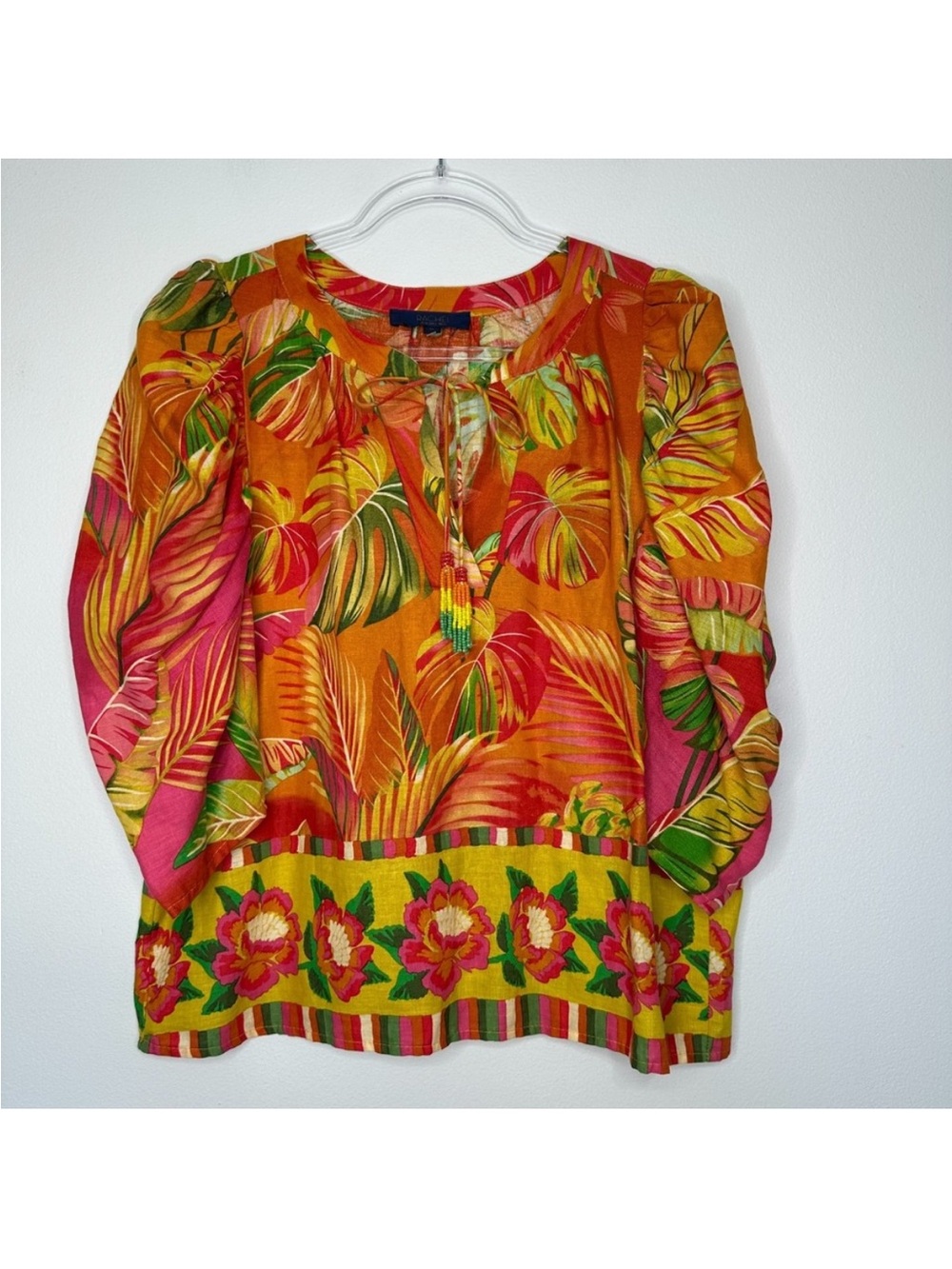 Rachel Roy Linen Blend Top Size M Floral Tropical Colorful Beaded Tassels